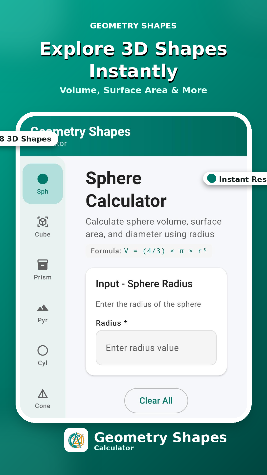 Sphere calculator with formula display