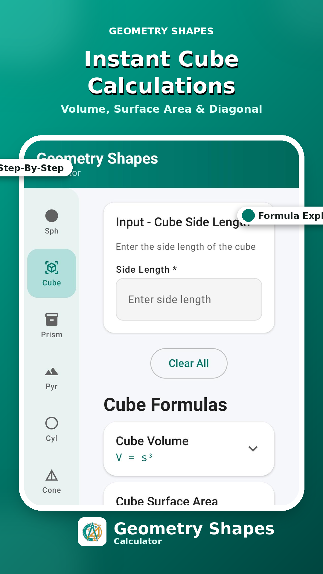 Cube calculator with expandable formulas
