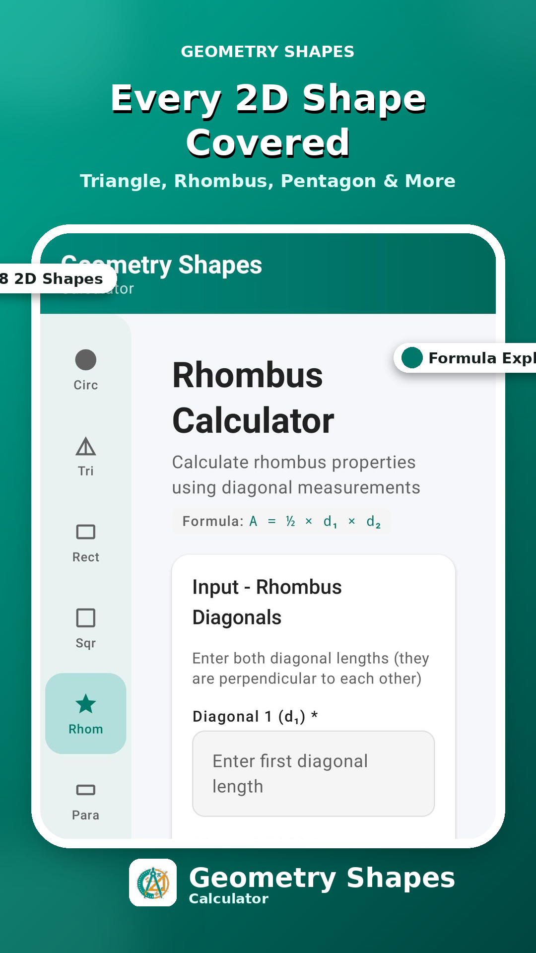 Rhombus calculator using diagonal inputs